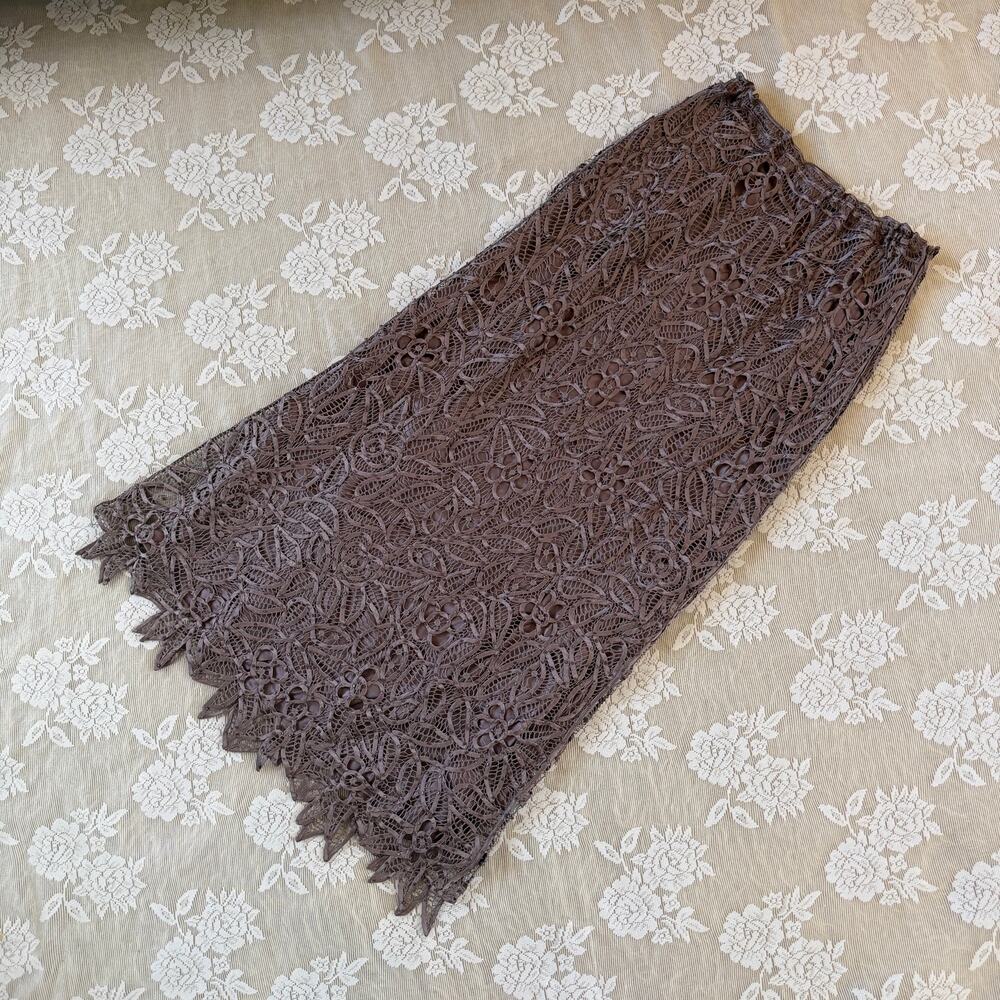 Silken Poetry Brown Silk Crochet Lace Midi Skirt Size L